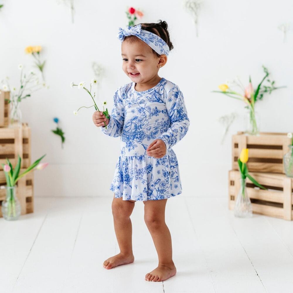 Bums & Roses Bunny Bamboo Ruffle Dress 3T Hoppy You’re Here Blue Toile - Picture 7 of 8